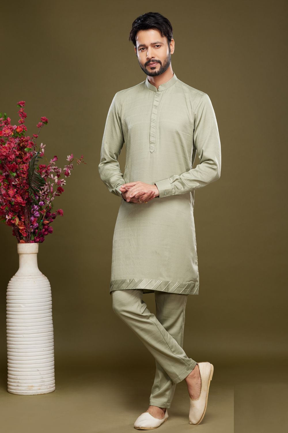 Pista Green Art Banarasi Silk Mens Casual Kurta (NMK-7068) - Nihal Fashions
