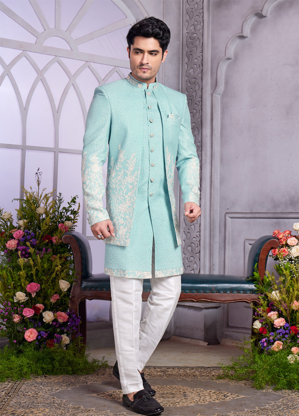 Pista Green Art Silk 3 Pcs Jacket Set (NMK-8329) - Nihal Fashions