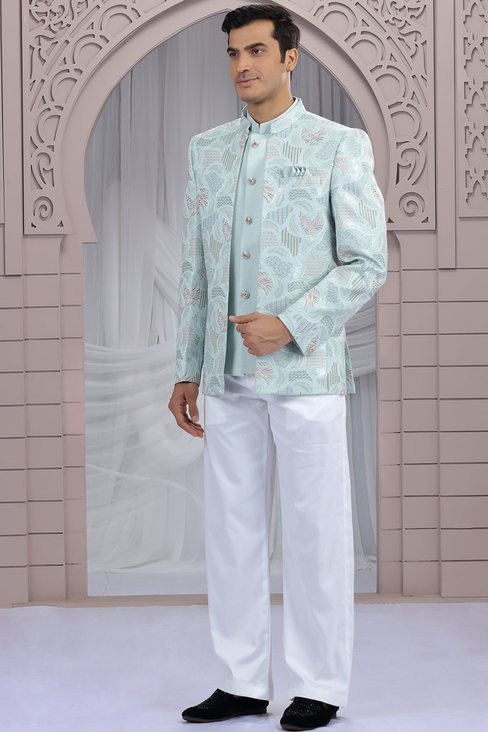 Pista Green Art Silk 3 piece Jacket Jodhpuri (NMK-8668) - Nihal Fashions