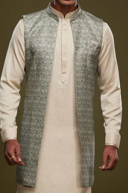 Pista Green Art Silk Digital Printed Jacket Kurta (NMK-7086) - Nihal Fashions