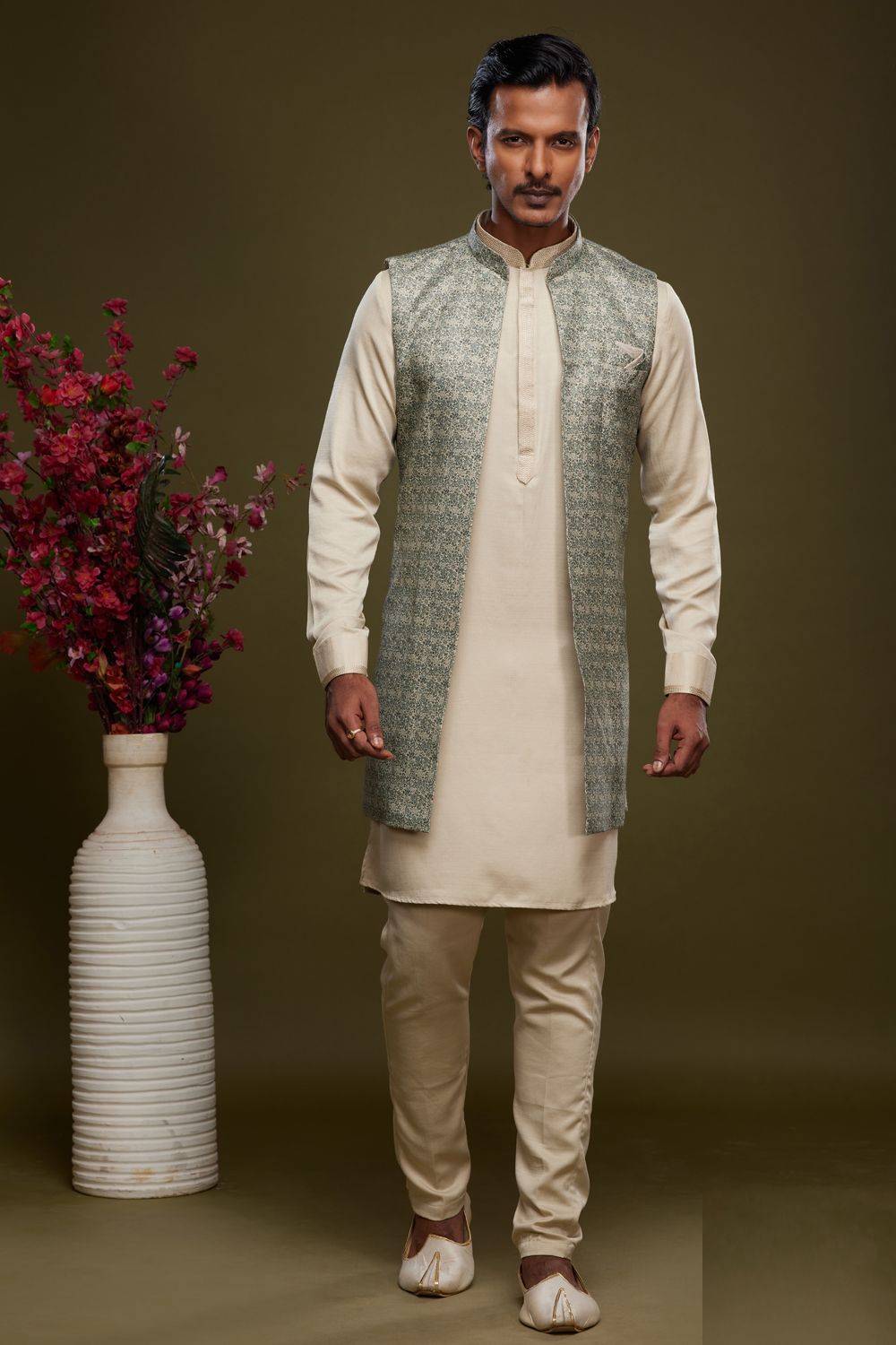 Pista Green Art Silk Digital Printed Jacket Kurta (NMK-7086) - Nihal Fashions