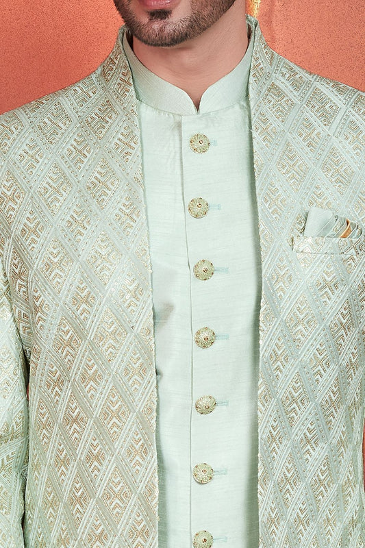 Pista Green Art Silk Indo Western for Men (NMK-7684) - Nihal Fashions