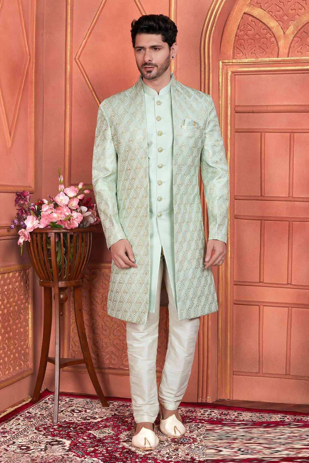 Pista Green Art Silk Indo Western for Men (NMK-7684) - Nihal Fashions