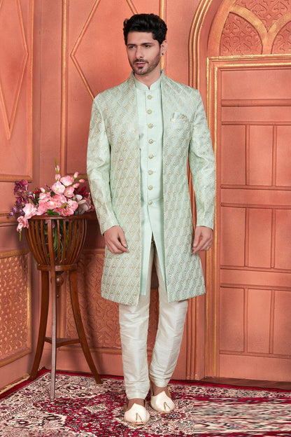 Pista Green Art Silk Indo Western for Men (NMK-7684) - Nihal Fashions