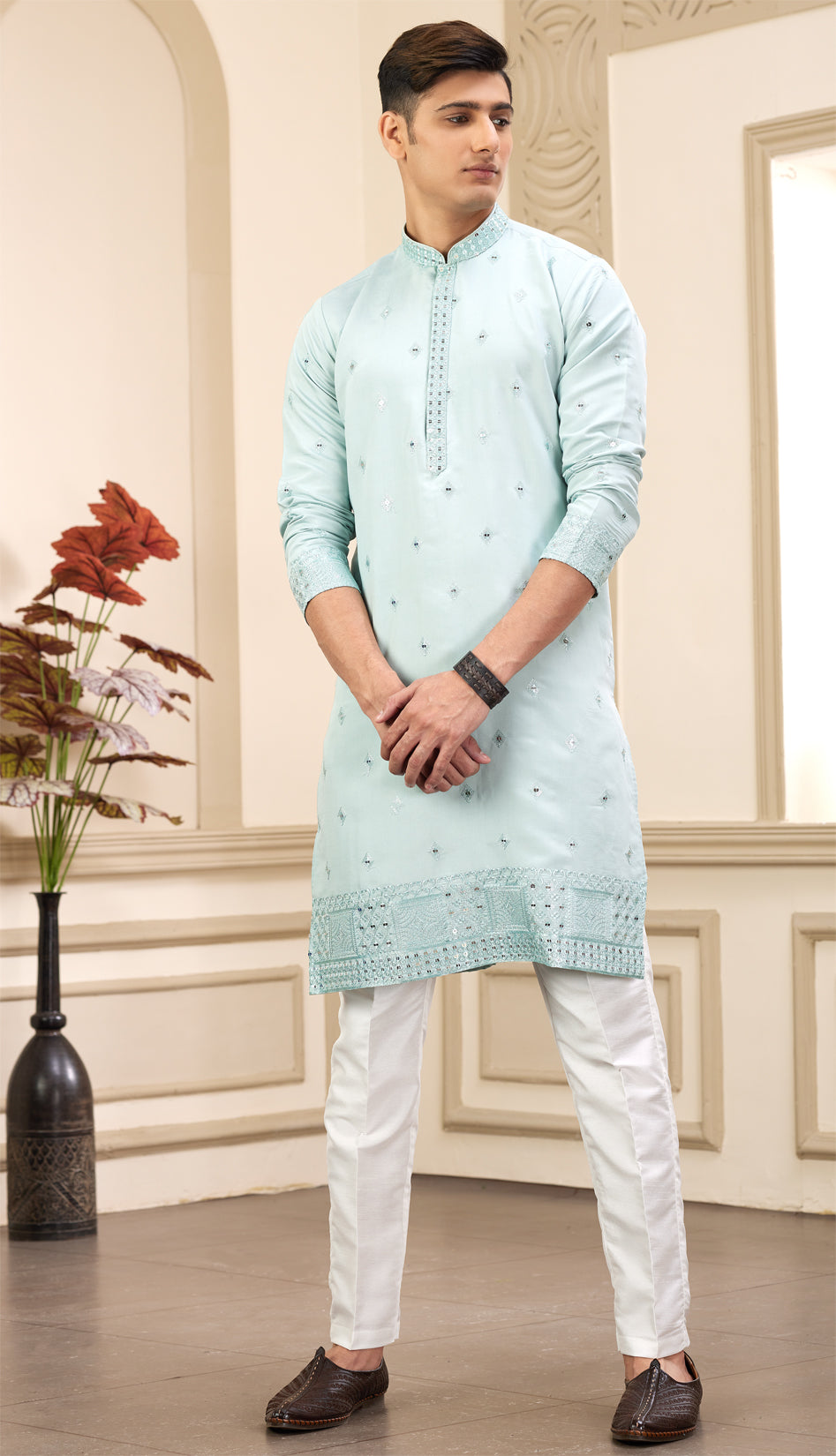 Pista Green Art Silk Kurta Pajama (NMK-8367) - Nihal Fashions