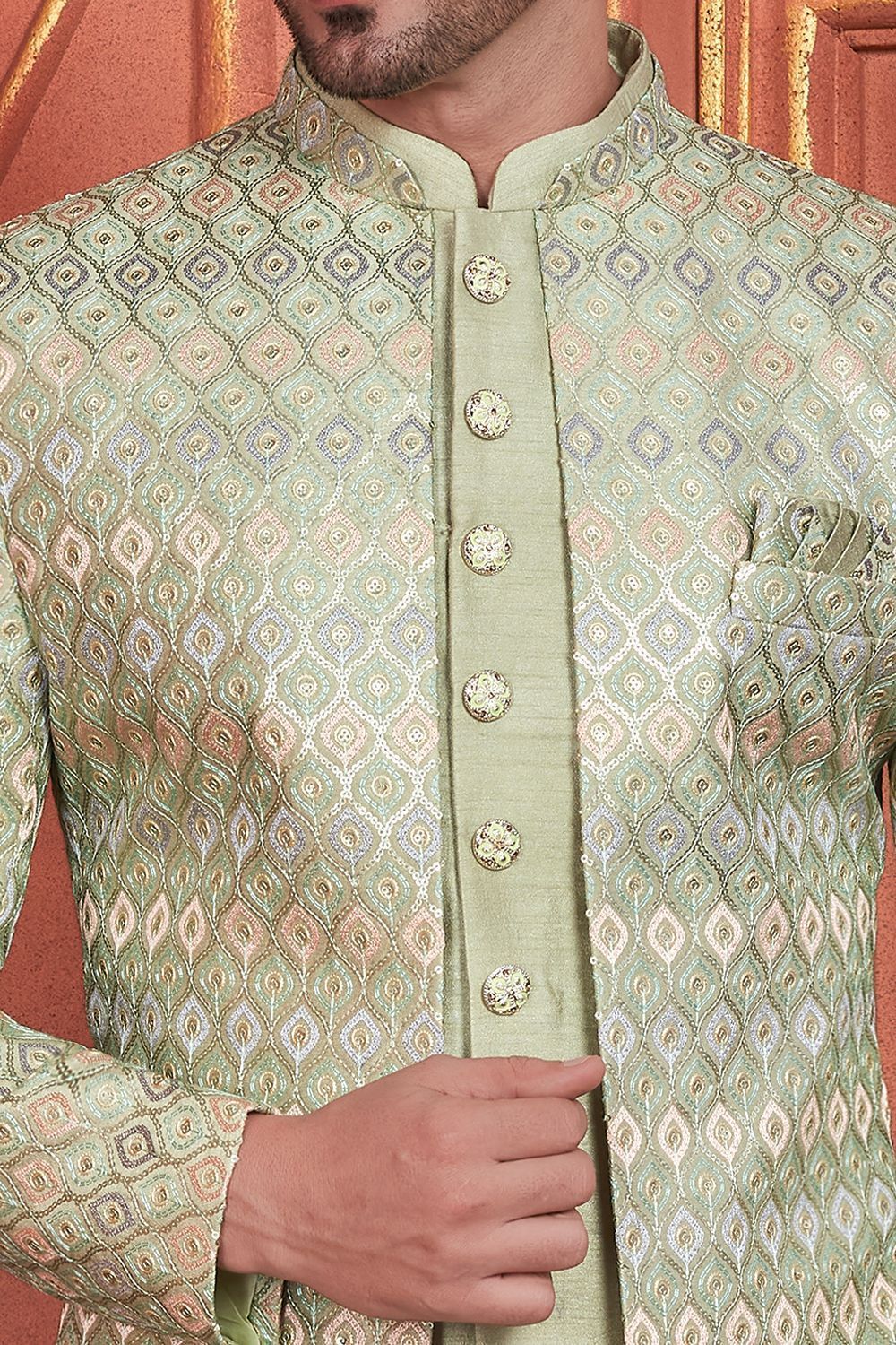 Pista Green Art Silk Mens Indo Western (NMK-7680) - Nihal Fashions