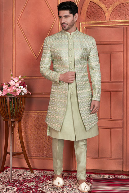 Pista Green Art Silk Mens Indo Western (NMK-7680) - Nihal Fashions
