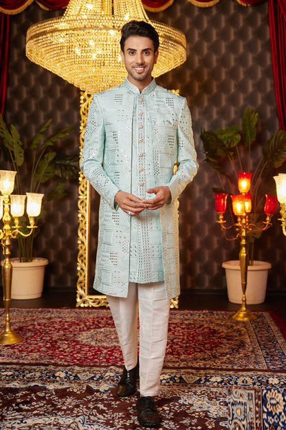 Pista Green Art Silk Mens Indo Western (NMK-8250) - Nihal Fashions