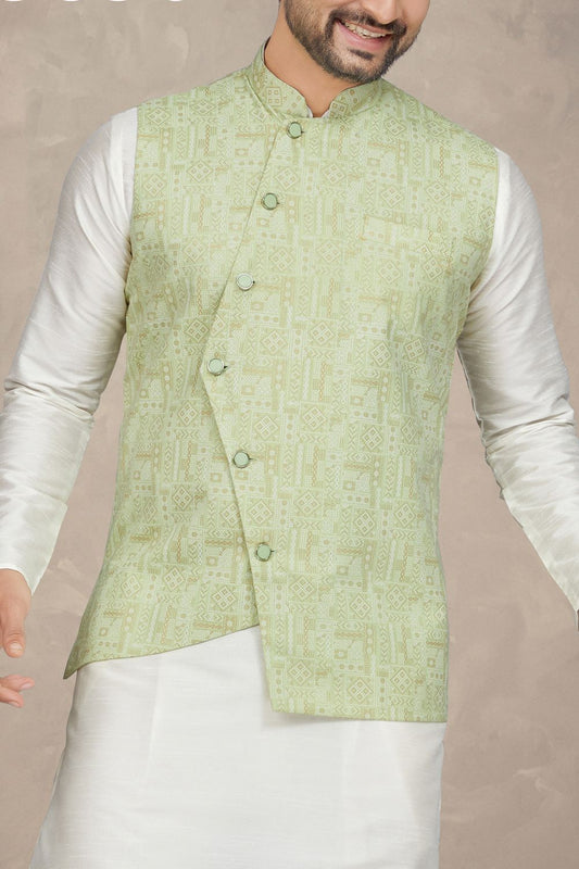Pista Green Art Silk Mens Nehru Jacket (NMK-6965) - Nihal Fashions
