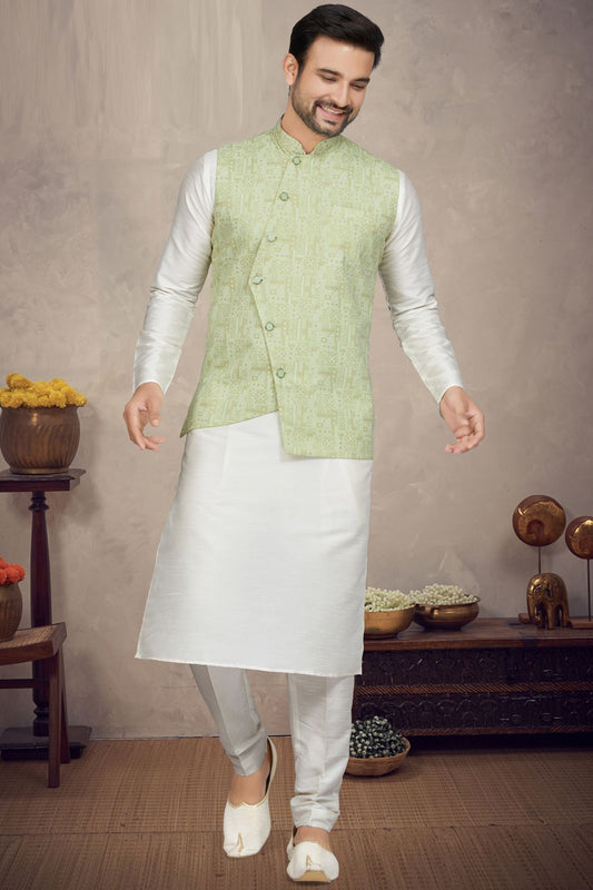 Pista Green Art Silk Mens Nehru Jacket (NMK-6965) - Nihal Fashions
