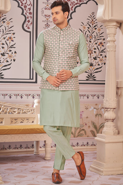 Pista Green Art Silk Mens Nehru Jacket (NMK-7985) - Nihal Fashions