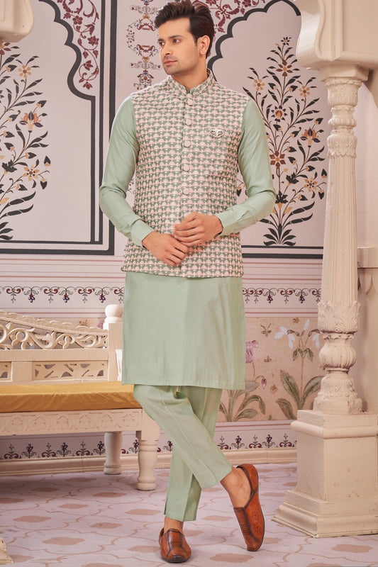 Pista Green Art Silk Mens Nehru Jacket (NMK-7985) - Nihal Fashions