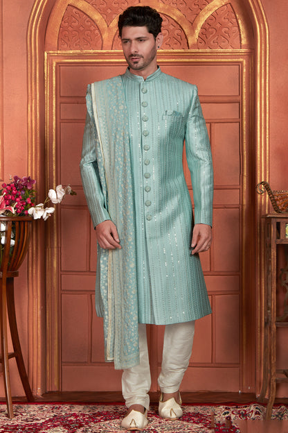 Pista Green Art Silk Mens Sherwani (NMK-7888) - Nihal Fashions