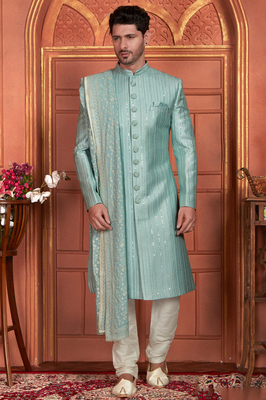 Pista Green Art Silk Mens Sherwani (NMK-7888) - Nihal Fashions