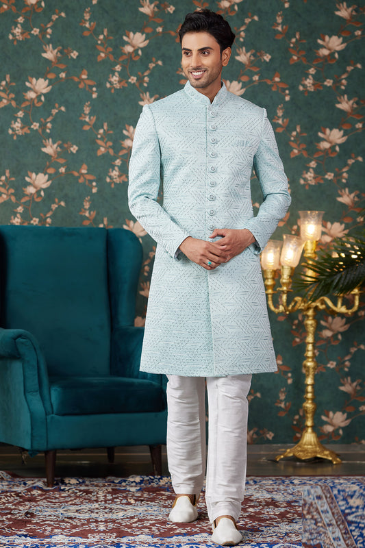 Pista Green Art Silk Mens Sherwani (NMK-8238) - Nihal Fashions