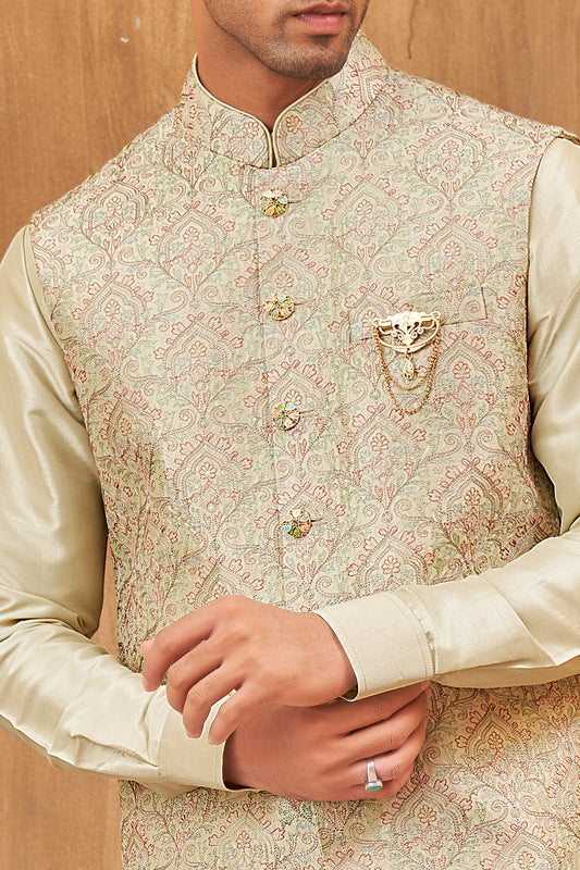 Pista Green Art Silk Nehru Jacket for Men (NMK-8004) - Nihal Fashions