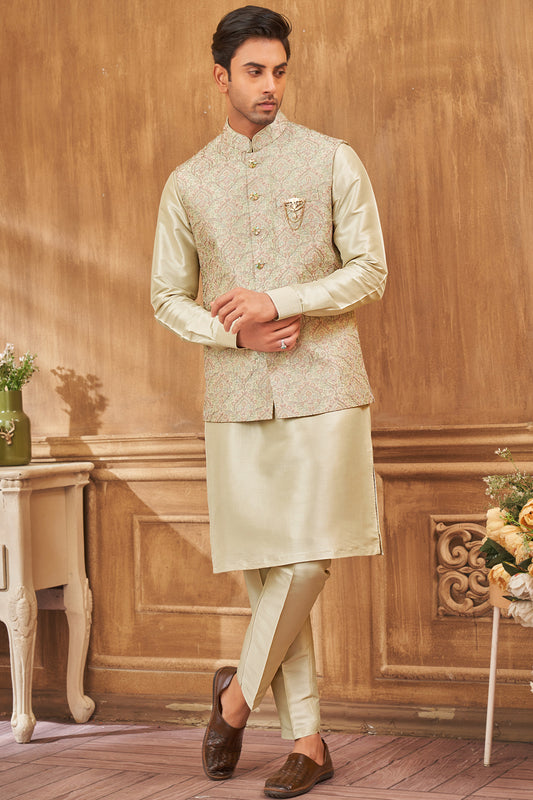 Pista Green Art Silk Nehru Jacket for Men (NMK-8004) - Nihal Fashions