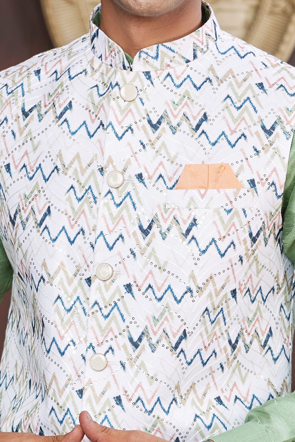 Pista Green Art Silk Nehru Jacket (NMK-7944) - Nihal Fashions