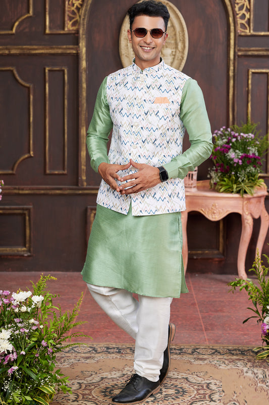 Pista Green Art Silk Nehru Jacket (NMK-7944) - Nihal Fashions