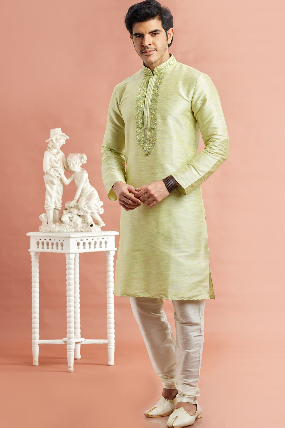 Pista Green Banarasi Art Silk Kurta Pajama (NMK-7931) - Nihal Fashions