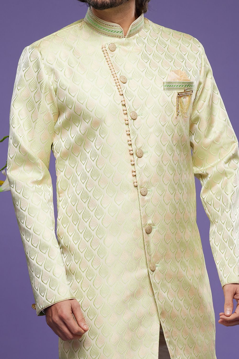 Pista Green Banarasi Jaquard Indo Western for Men (NMK-6999) - Nihal Fashions
