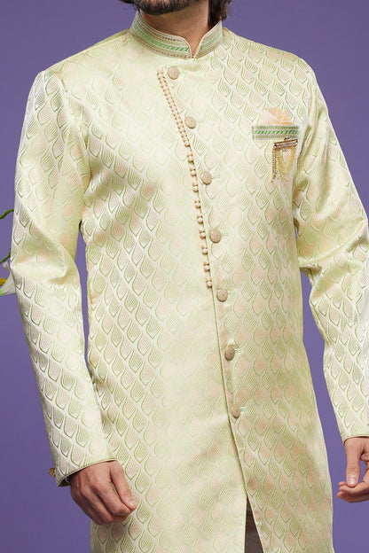 Pista Green Banarasi Jaquard Indo Western for Men (NMK-6999) - Nihal Fashions