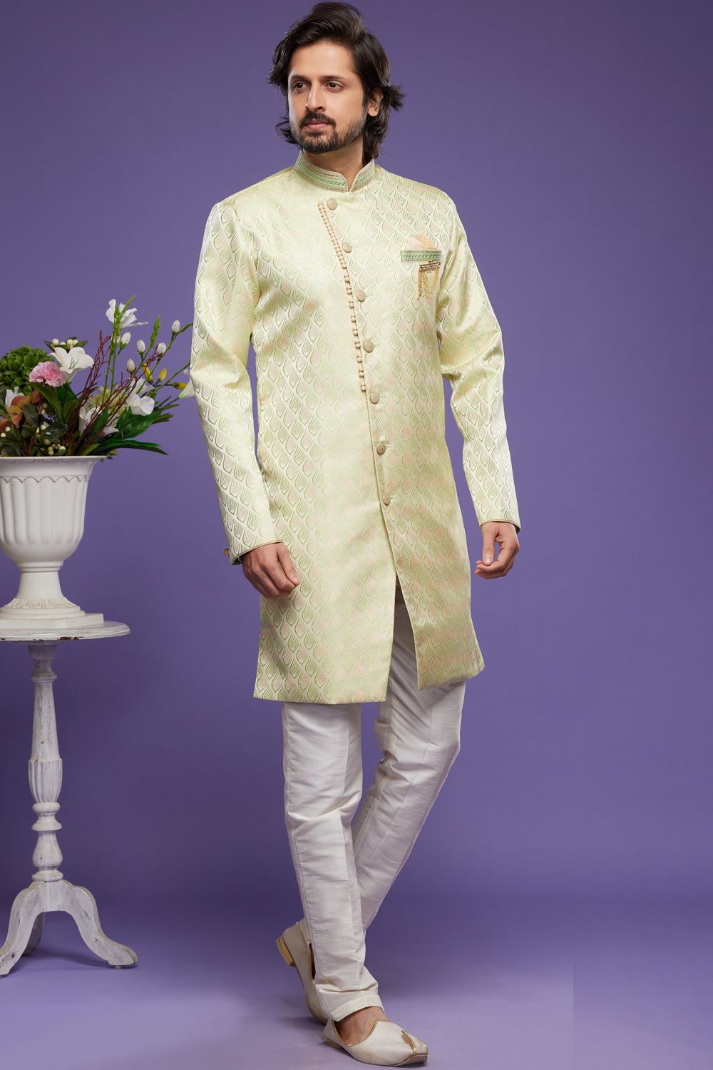Pista Green Banarasi Jaquard Indo Western for Men (NMK-6999) - Nihal Fashions