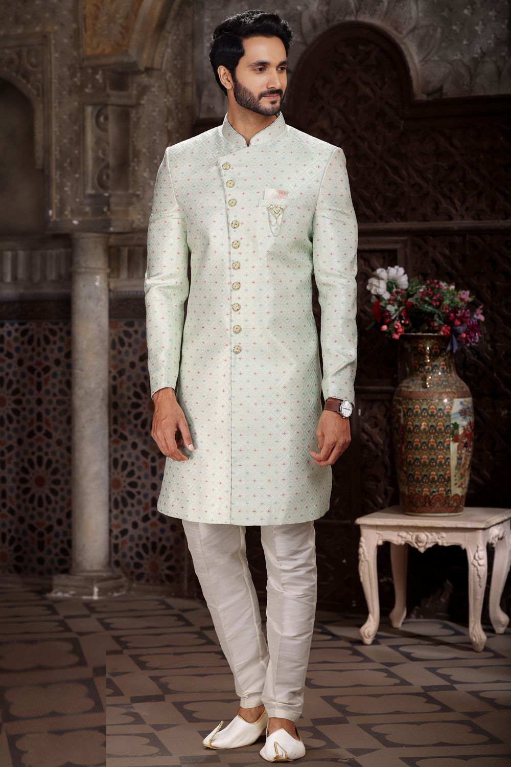 Pista Green Banarasi Jaquard Indo Western (NMK-6862) - Nihal Fashions