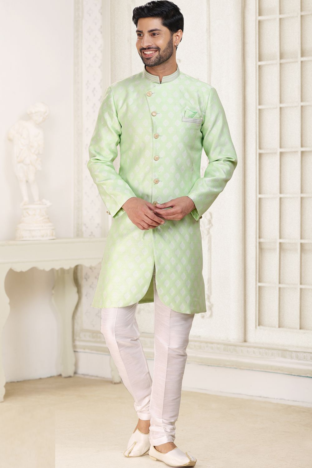 Pista Green Banarasi Jaquard Indo Western (NMK-6895) - Nihal Fashions