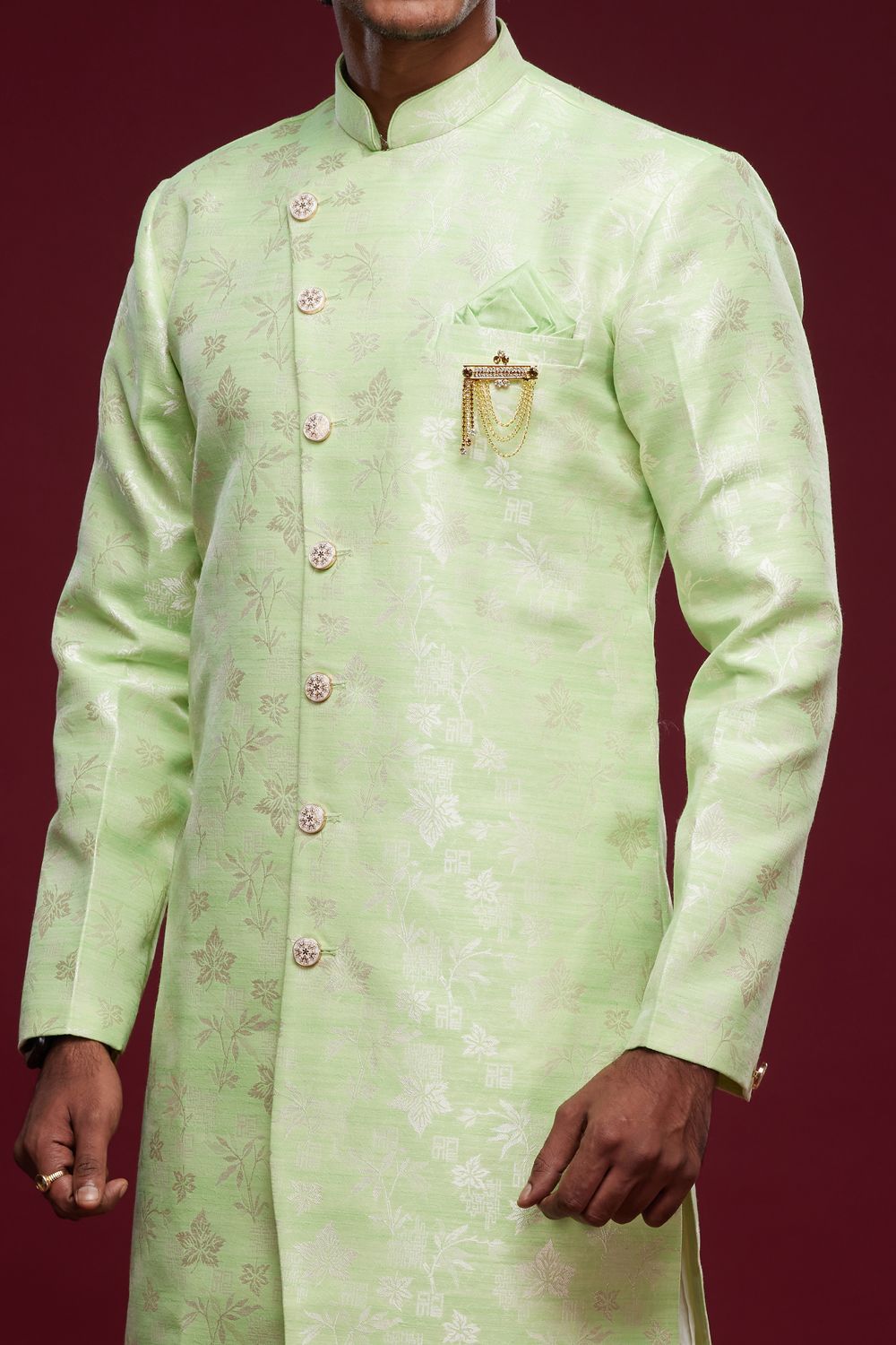 Pista Green Banarasi Jaquard Mens Indo Western (NMK-6984) - Nihal Fashions
