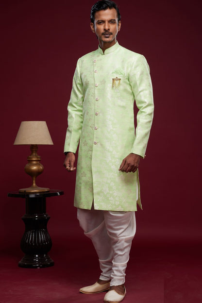 Pista Green Banarasi Jaquard Mens Indo Western (NMK-6984) - Nihal Fashions