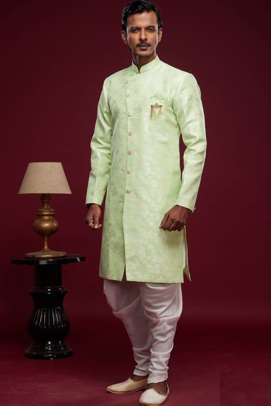 Pista Green Banarasi Jaquard Mens Indo Western (NMK-6984) - Nihal Fashions