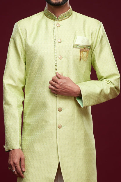 Pista Green Banarasi Jaquard Mens Indo Western (NMK-6988) - Nihal Fashions