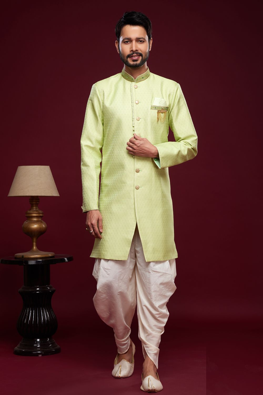 Pista Green Banarasi Jaquard Mens Indo Western (NMK-6988) - Nihal Fashions
