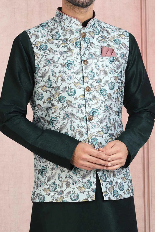 Pista Green Banarasi Silk Mens Nehru Jacket (NMK-5685)
