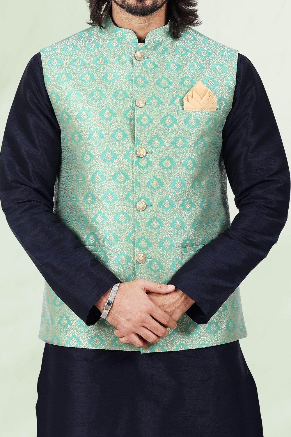 Pista Green Banarasi Silk Nehru Jacket (NMK-6691) - Nihal Fashions