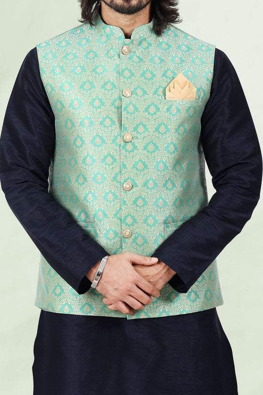 Pista Green Banarasi Silk Nehru Jacket (NMK-6691) - Nihal Fashions
