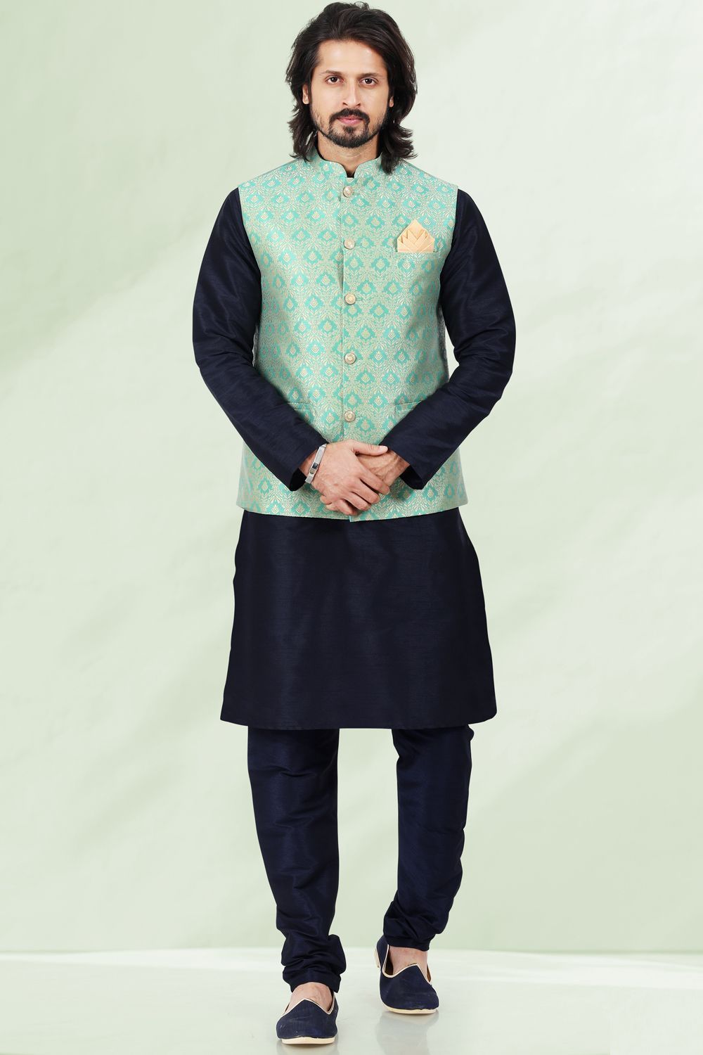 Pista Green Banarasi Silk Nehru Jacket (NMK-6691) - Nihal Fashions