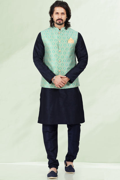 Pista Green Banarasi Silk Nehru Jacket (NMK-6691) - Nihal Fashions