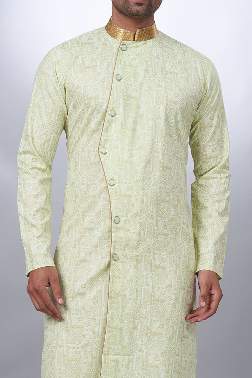 Pista Green Cotton Printed Mens Indo Western (NMK-6927) - Nihal Fashions