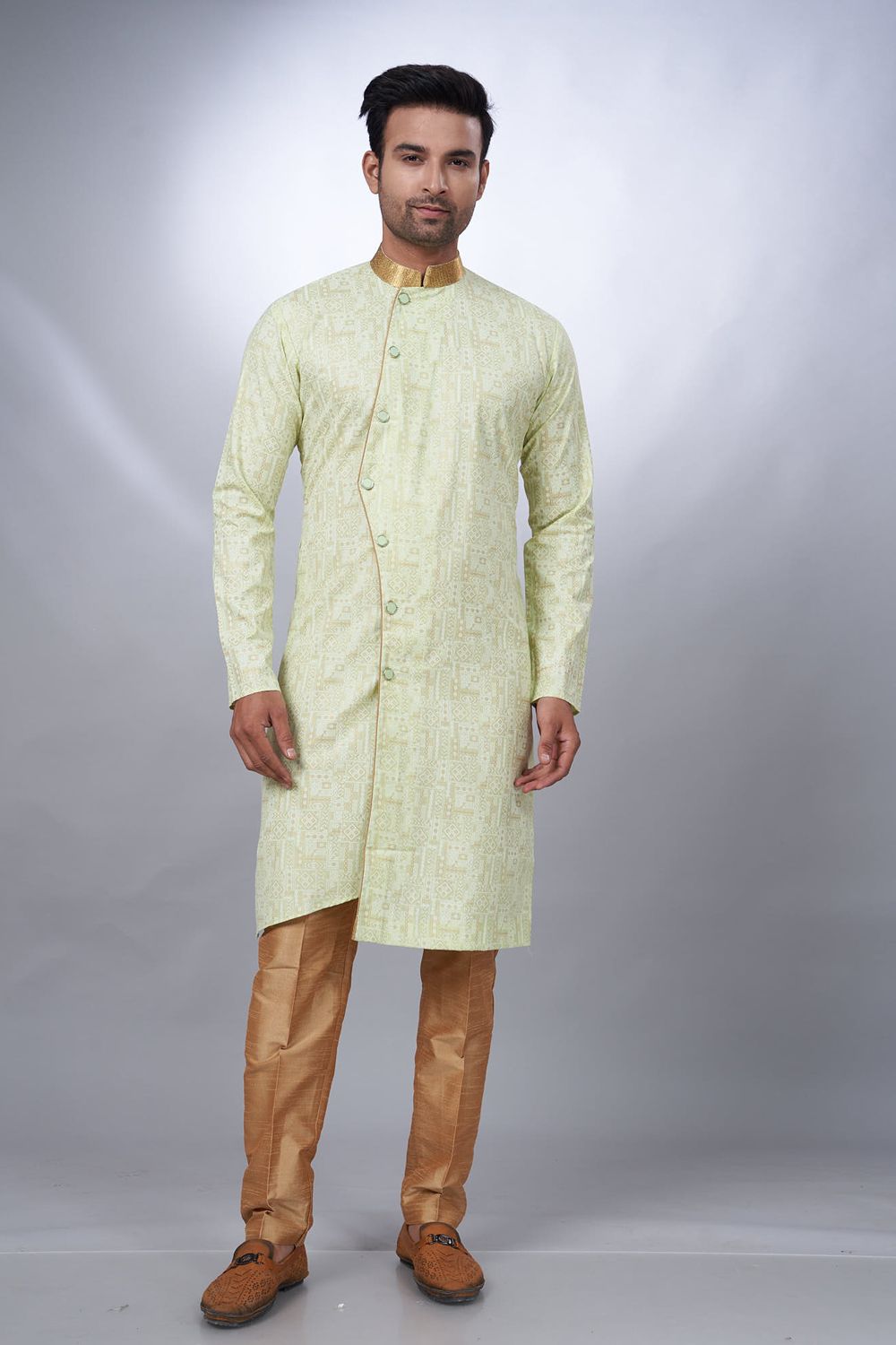 Pista Green Cotton Printed Mens Indo Western (NMK-6927) - Nihal Fashions