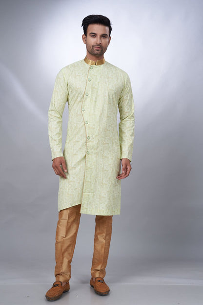 Pista Green Cotton Printed Mens Indo Western (NMK-6927) - Nihal Fashions