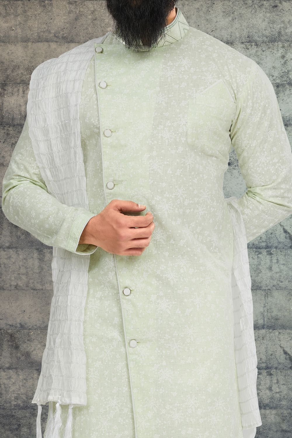 Pista Green Cotton Silk Mens Indo Western (NMK-6787) - Nihal Fashions