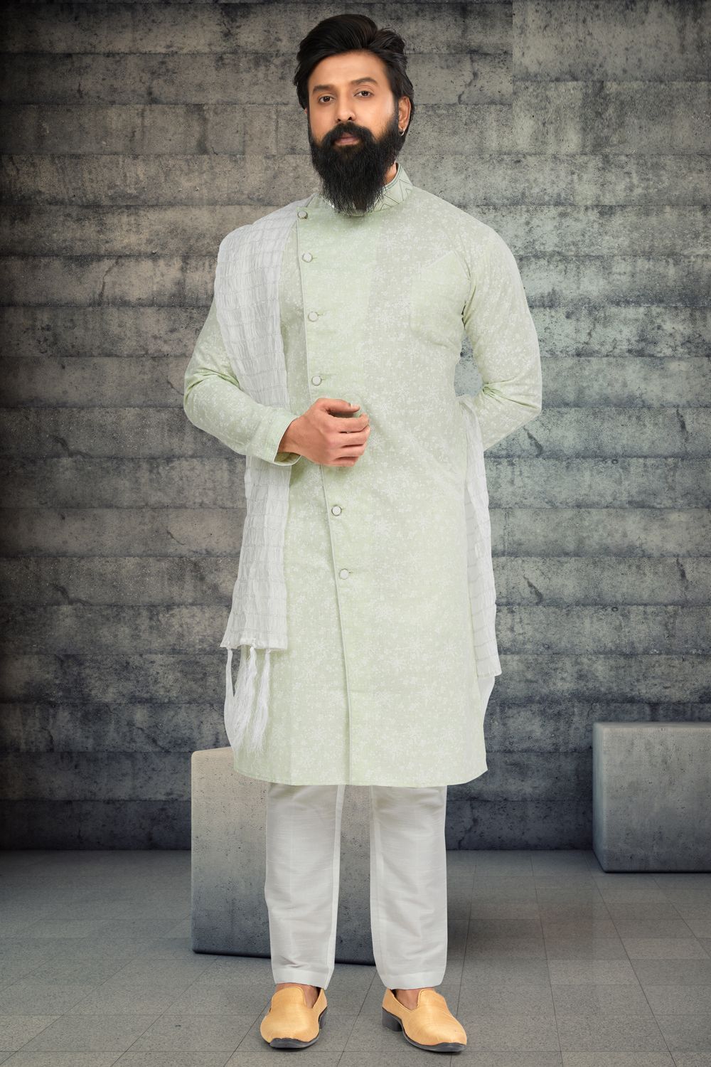 Pista Green Cotton Silk Mens Indo Western (NMK-6787) - Nihal Fashions