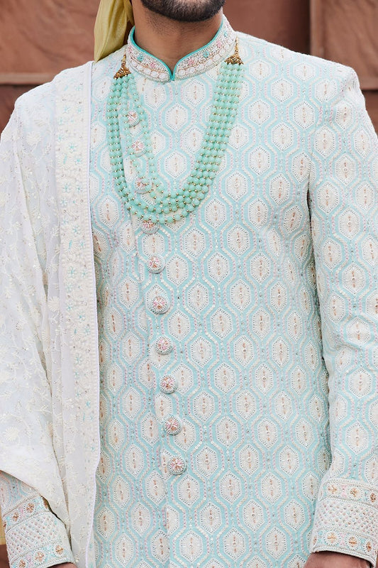 Pista Green Georgette Mens Sherwani (NMK-7156) - Nihal Fashions