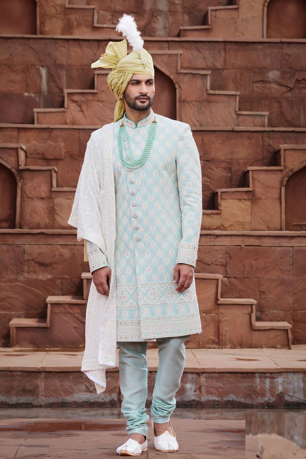 Pista Green Georgette Mens Sherwani (NMK-7156) - Nihal Fashions