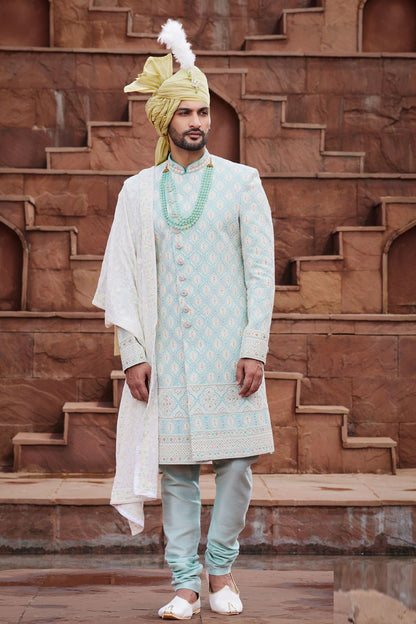 Pista Green Georgette Mens Sherwani (NMK-7156) - Nihal Fashions