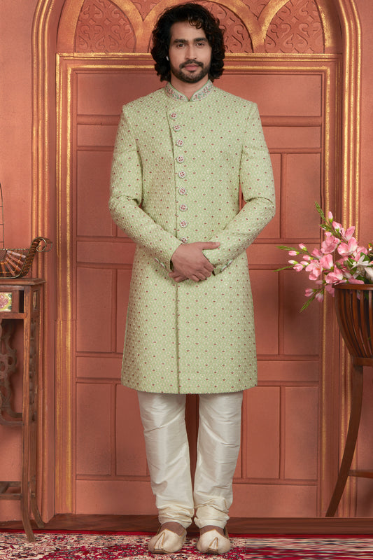 Pista Green Georgette Sherwani for Men (NMK-7895) - Nihal Fashions