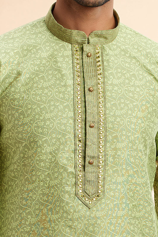 Pista Green Jaquard Art Silk Kurta for Men (NMK-7912) - Nihal Fashions