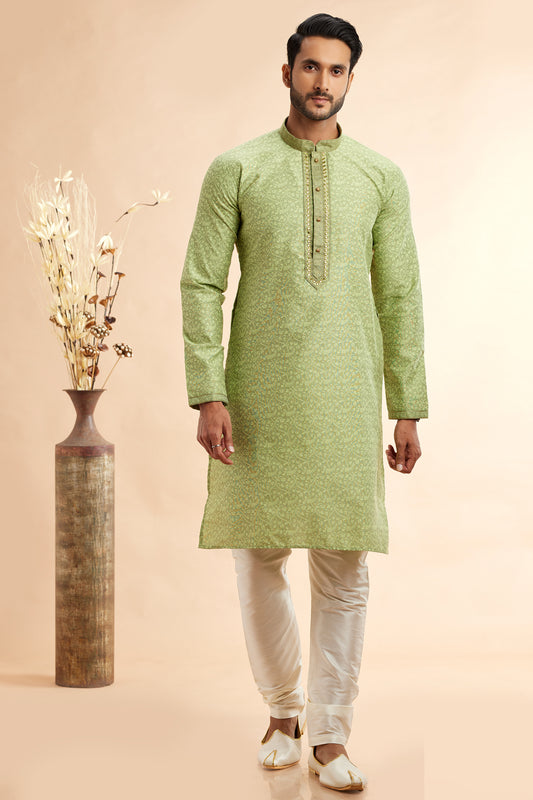 Pista Green Jaquard Art Silk Kurta for Men (NMK-7912) - Nihal Fashions